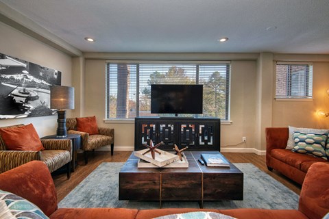 a living room with couches and a coffee table and a television